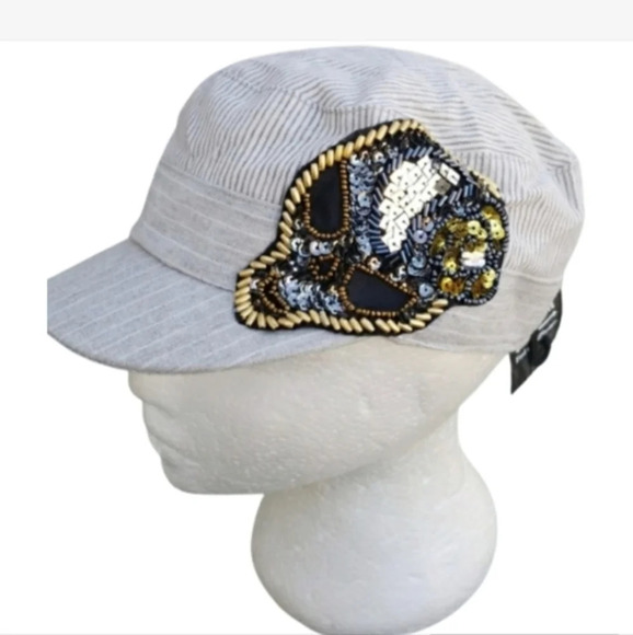 Skull sequin‎  stripe cotton baseball cap NWT - Picture 1 of 7